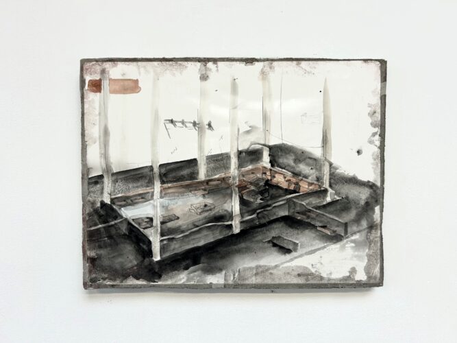  Year: 2025; Title: Time, endless shelter; Dimensions: 49,5x39x3; Medium: aquareltekening in beton