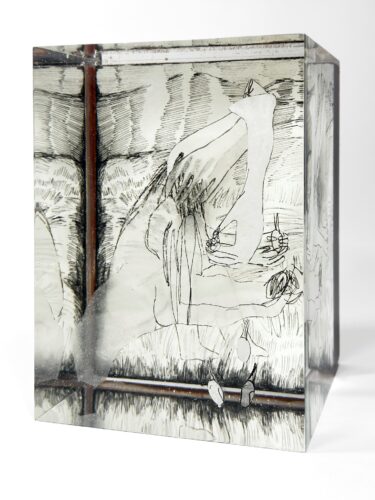 Year: 2024; Title: Mountain 01-24-978; Medium: pen, inkt, papier en giethars op hardhout; Dimensions: 16x11x11 