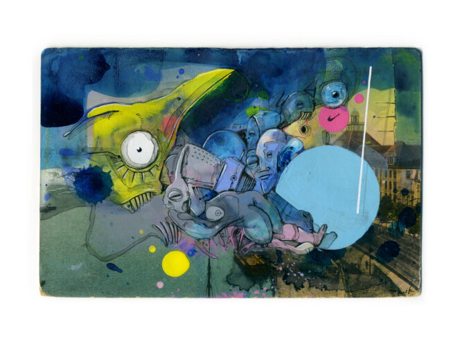 Der Vogel (2024), Overpainting / Postcard Watercolor/acrylic/pigment ink on paper (postcard), 9cm × 14cm