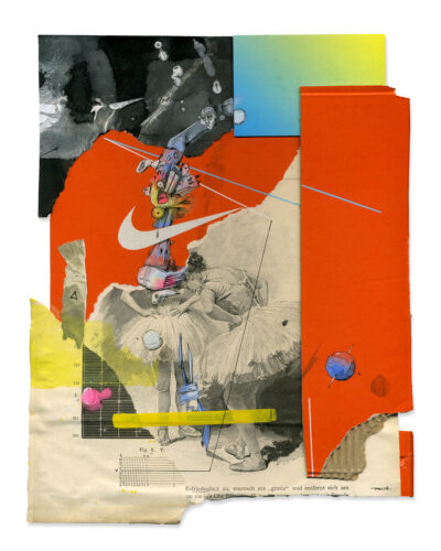 Grand Frieden (2025), Overpainting / Collage, Watercolor/Acrylic/Pigment ink on paper and cardboard, 26cm × 21cm