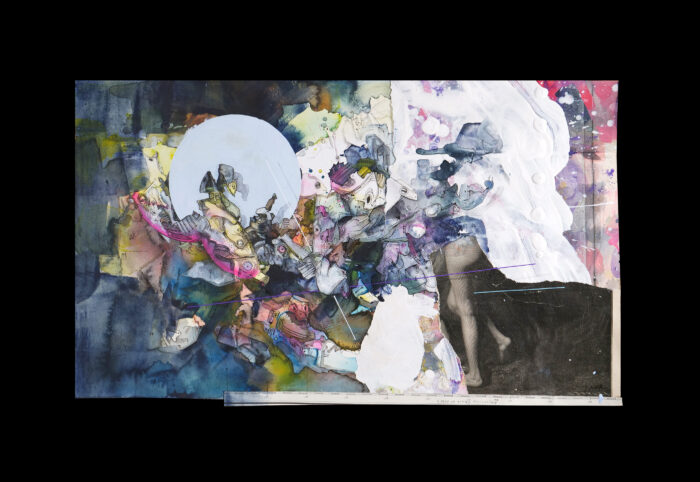 VPN (2024), Overpainting, Watercolor/acrylic/pigment ink on paper, 30cm × 50.5cm