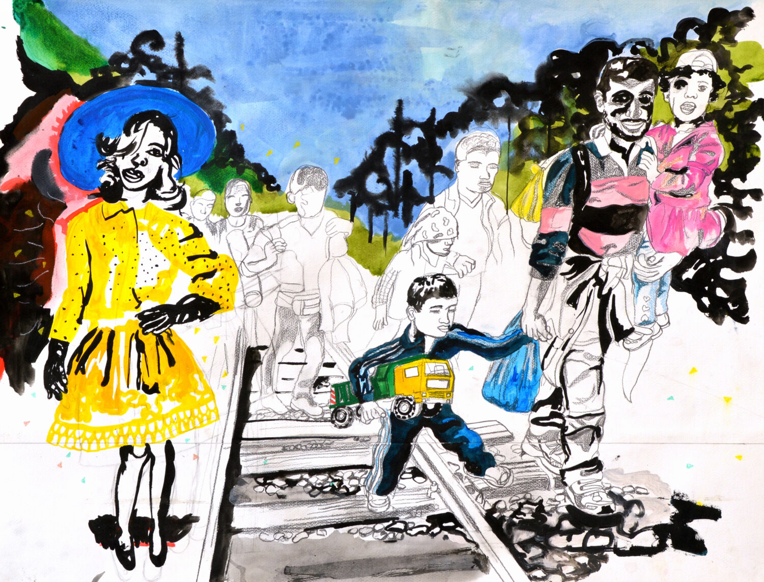Refugees; Gemengde techniek op papier; 67 x 88 cm