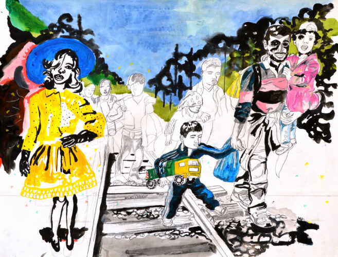 Refugees; Mixed media on paper; 67 x 88 cm 