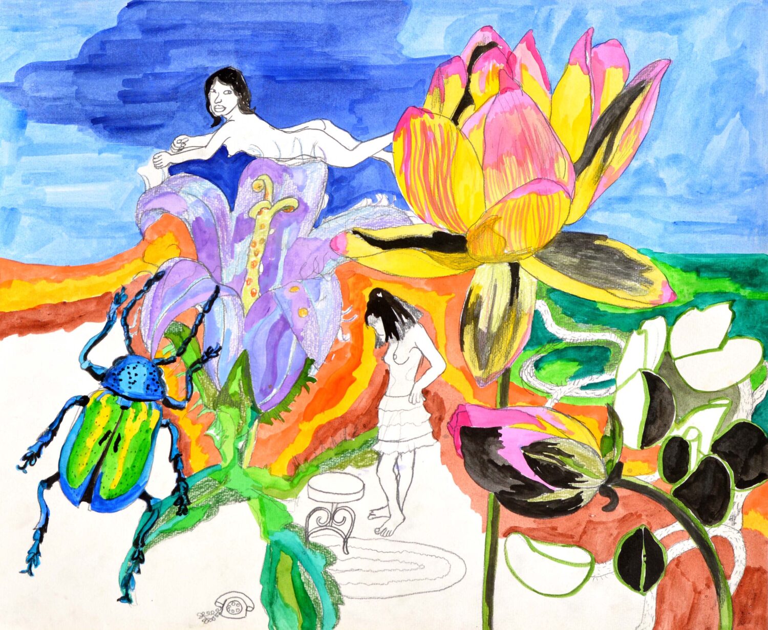 Girls in Nature; Gemengde techniek op papier; 43 x 52 cm