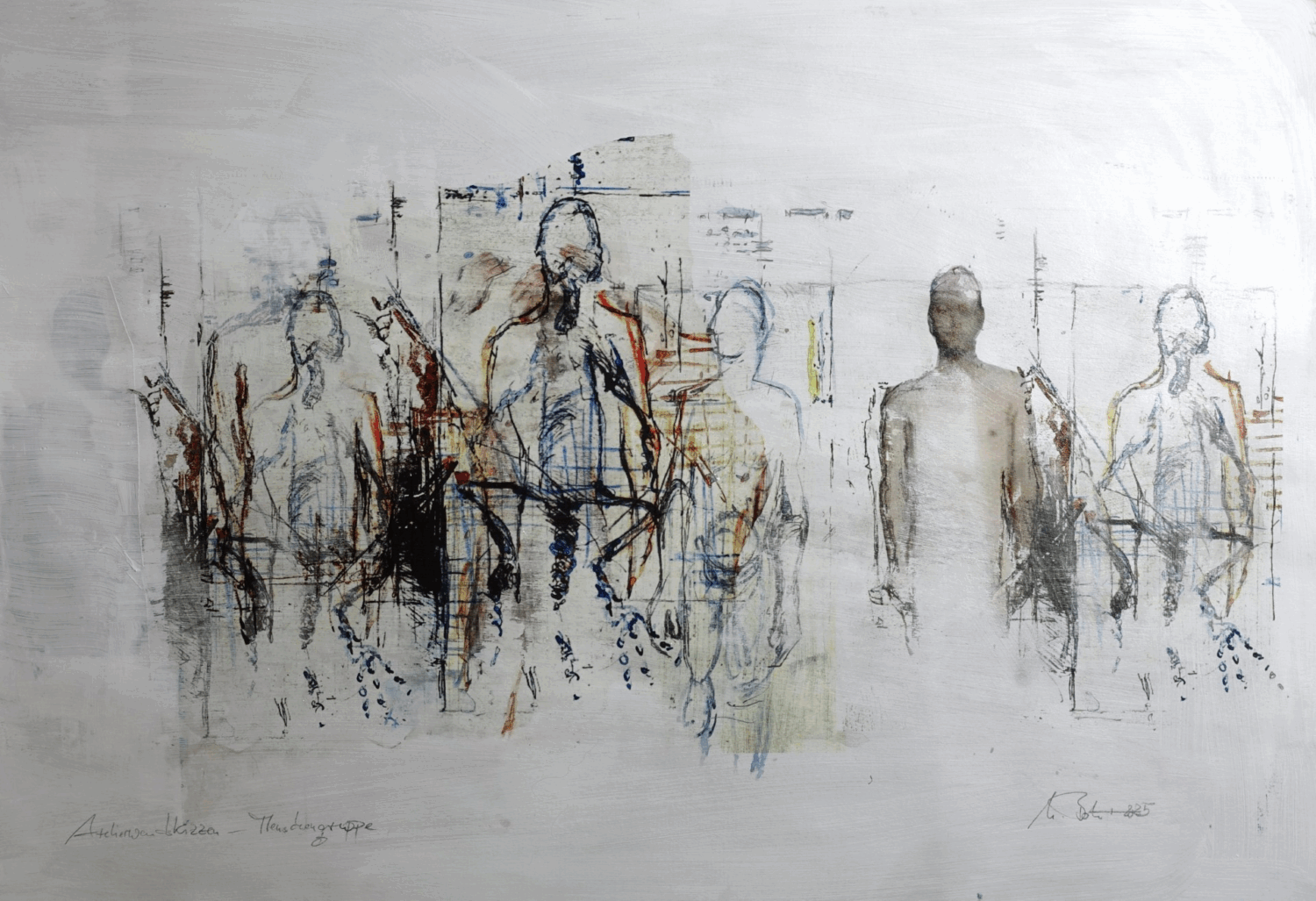 Menschengruppe 2, (2026); Acrylic, oil, monopolymeerprint, pencil on paper, 70 x 100 cm