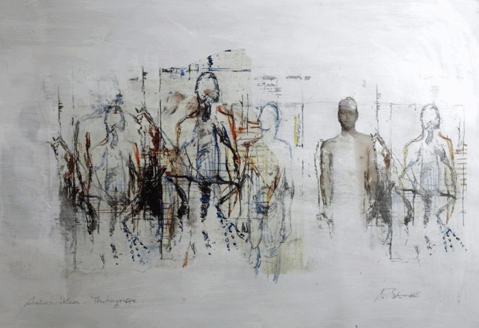Menschengruppe 2, (2026); Acrylic, oil, monopolymeerprint, pencil on paper, 70 x 100 cm