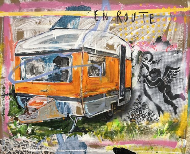 En route (Caravan) (2025); mixed media op karton; 80 x 90 cm; 2200€