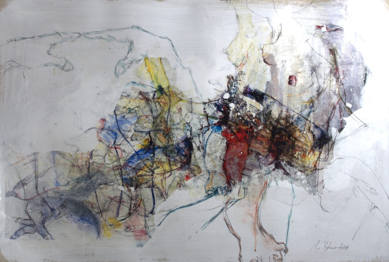 Berührungen 100 (2026); Acrylic, oil, monopolymeerprint, pencil on paper, 70 x 100 cm