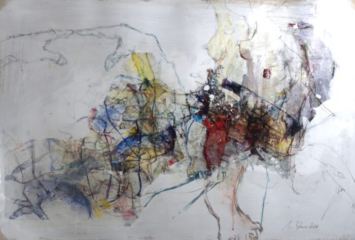 Berührungen 100 (2026); Acrylic, oil, monopolymeerprint, pencil on paper, 70 x 100 cm