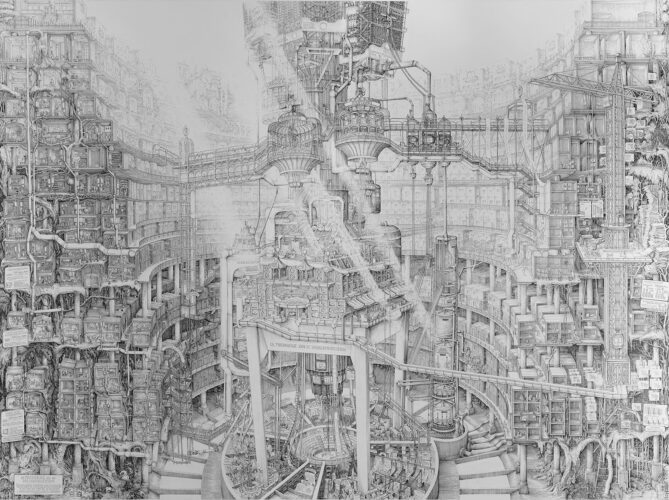 The Machinery of Housing (2025); High-quality fine art print. Japanese montage tekening'floats' tegen witte achtergrond, esdoorn grijze houtkleur, museum glas; Editie: 100 + 2 AP; 149,2 x 113,1 cm.