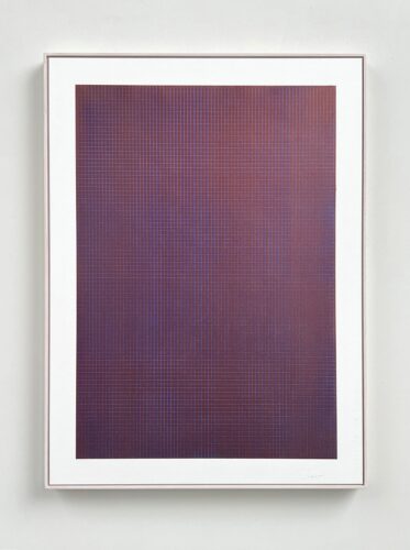 ‘grid 1’ (ultramarine and copper) (2025); oil paint on paper, mounted on aluminium; h 75 x w 55 cm, h 77 x w 57 cm