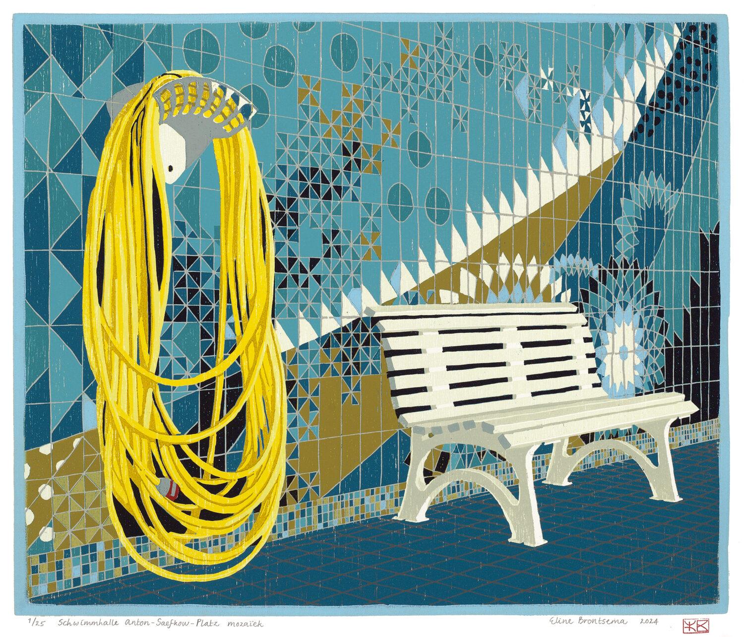 Eline Brontsema, Schwimhalle Anton Saefkow-Platz mozaïk, ed. 25, 2024, houtsnede, 29,1 x 34,6 cm