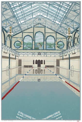 Stadtbad Lichtenberg (2025); woodcut; edition of 25; 69.4 x 52 cm