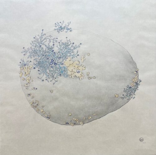  Symbiosis III (2025), 61x61 cm, mixed media op Japans papier, € 1650,-