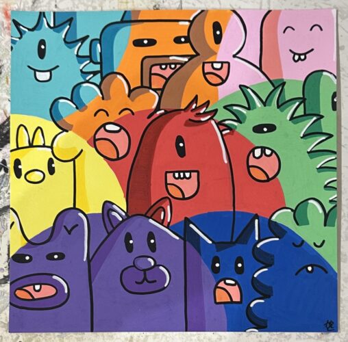 Kleurgolven II; acryl en acrylstift op papier; 25 x 25 cm