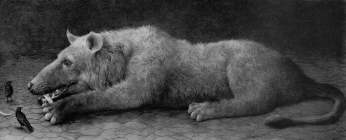 Andrewsarchus (2012-2026); houtskool en pastel/papier; 120 x 280 cm