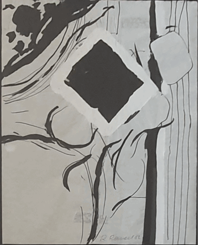 Tilted black square and a vague memory of a human figure (1962); East-India ink on chalk paper; Original work; 28 x 21,5 cm