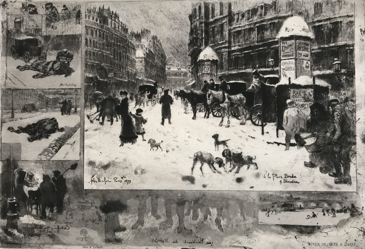 Winter in Paris (L'Hiver à Paris), Dry needle etch with aquatint, 23 x 34,9 cm, Signed"Felix Buhot", "Paris Xbre 1879" & "à la Place Breda 9 Décembre\" & monogram & \"25\"[?] in the plate, printed by A. Salmon, Paris.