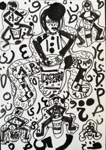Hamid El Kanbouhi Uit de serie „Volgens de Koe” (2025); inkt en verf op papier; circa A4