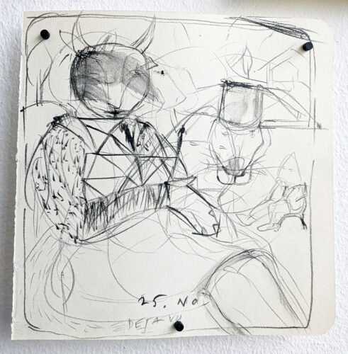 Dejavu (2023-2024); Pencil/ charcoal/ coloured pencil on paper; 11,5 x 11,5 cm