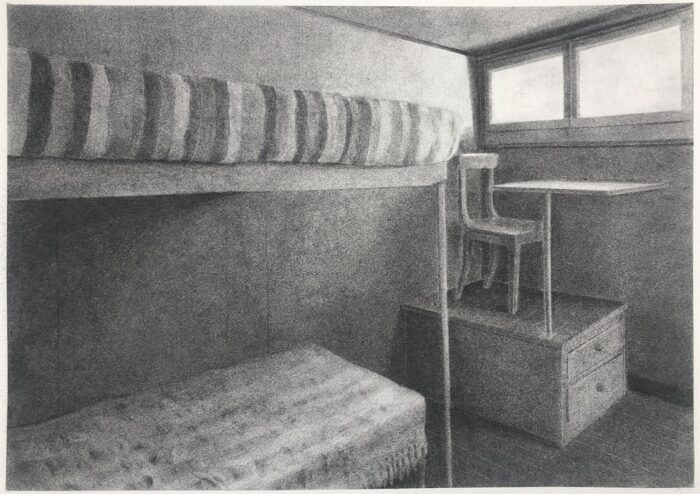 Une petite maison (2024); Charcoal on Ingres Guarro paper (Talens 064 aerosol fixative); 482 × 357 mm