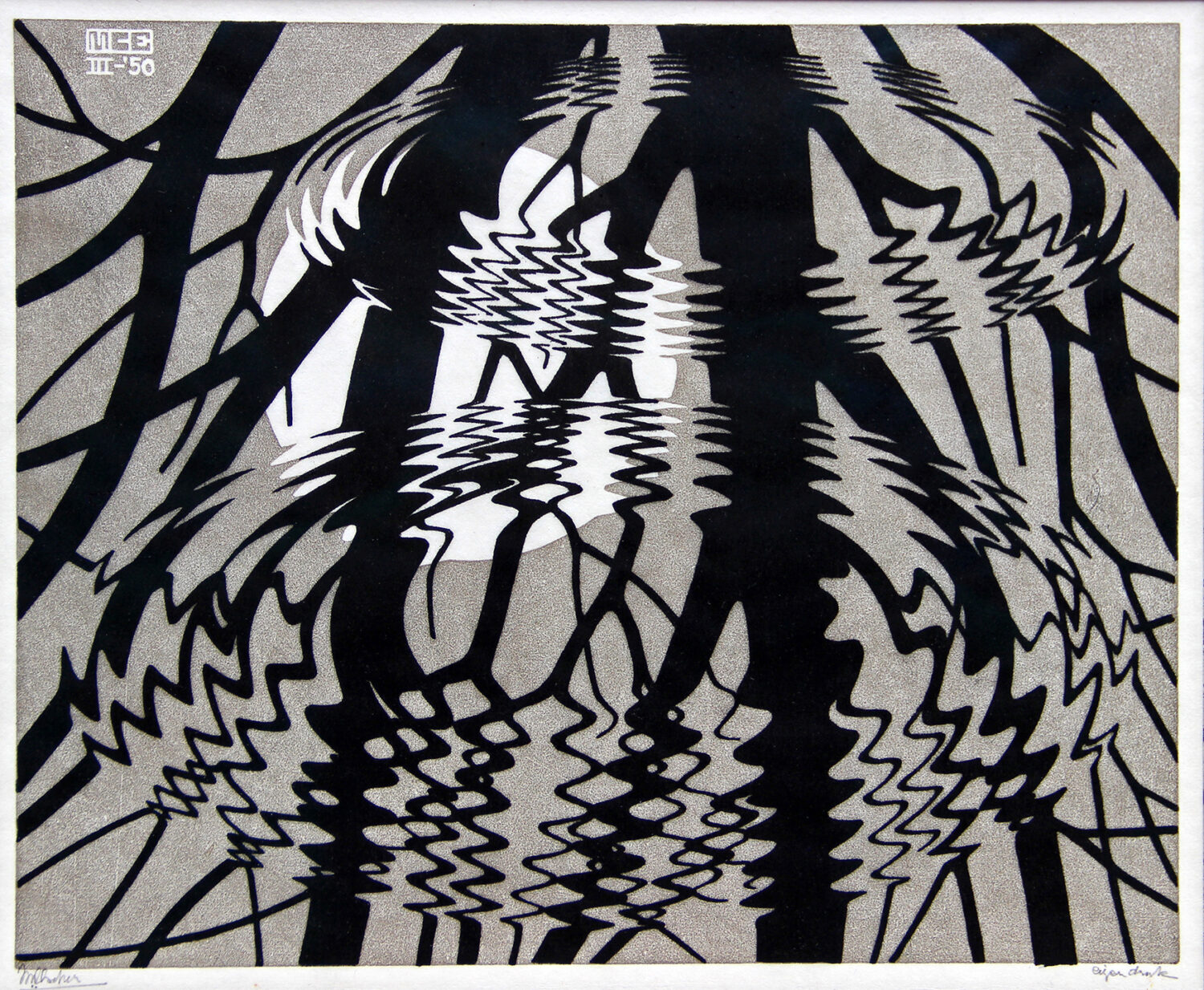 Rimpeling (maart 1950); Linoleumsnede met 2 platen; zwart en grijsbruin; 260 x 320 mm 