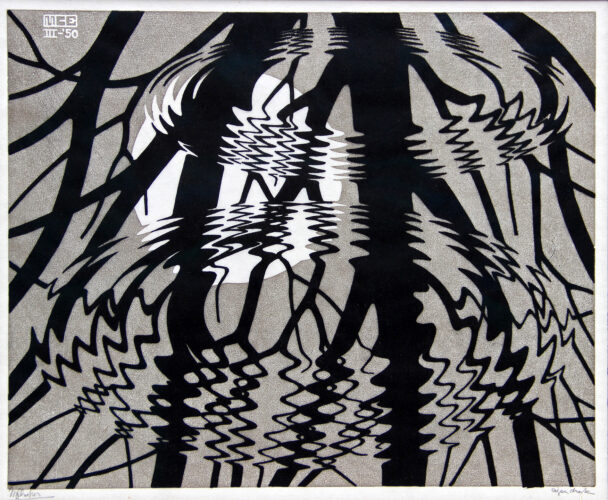 Rimpeling (March1950); 2 layer Linocut; Black and grey-brown; 260 x 320 mm